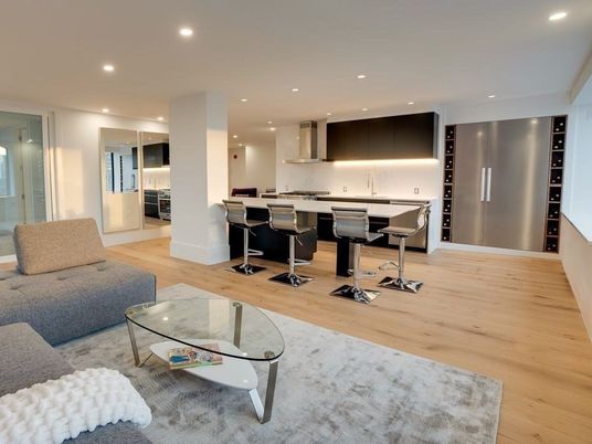 Interior, Kitchen, Living room, Recessed Lighting, Stainless Steel Appliances, Wood Texture Flooring