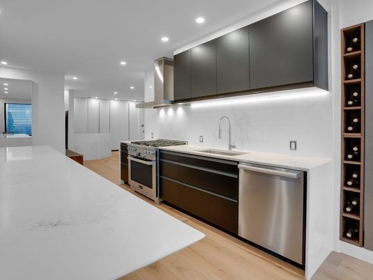 Interior, Kitchen, Recessed Lighting, Stainless Steel Appliances, Wood Texture Flooring