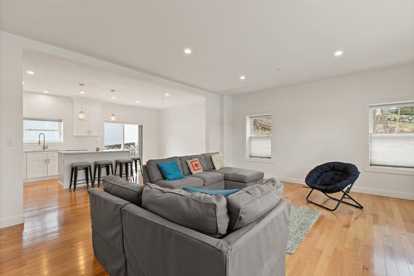 Interior, Kitchen, Living room, Pendant Lights, Recessed Lighting, Wood Texture Flooring