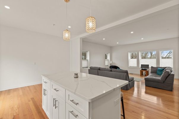 Interior, Living room, Pendant Lights, Recessed Lighting, Wood Texture Flooring