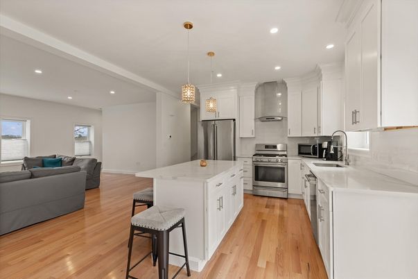 Interior, Kitchen, Living room, Pendant Lights, Recessed Lighting, Stainless Steel Appliances, Wood Texture Flooring