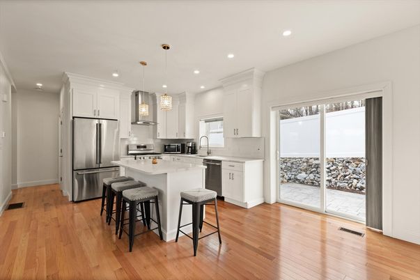 Interior, Kitchen, Pendant Lights, Recessed Lighting, Stainless Steel Appliances, Wood Texture Flooring