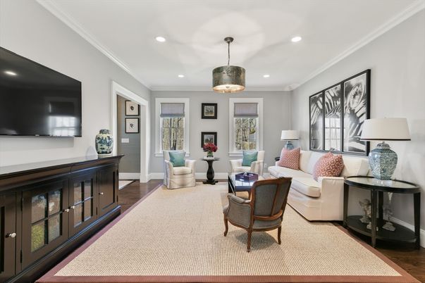 Interior, Living room, Pendant Lights, Recessed Lighting, Wood Texture Flooring