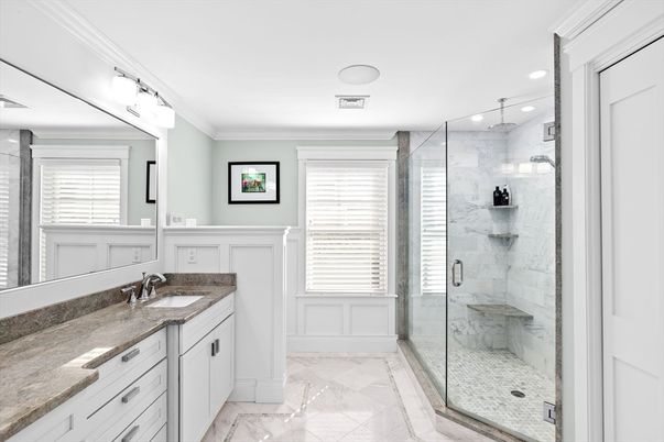 Bathroom, Glass Shower, Interior, Marble, Marble Walls, Recessed Lighting