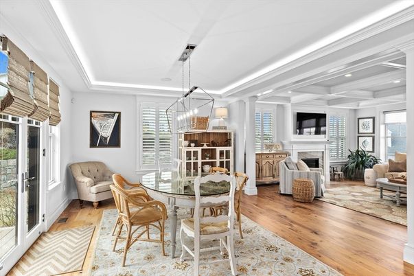 Dining room, Fireplace, Interior, Living room, Pendant Lights, Recessed Lighting, Wood Texture Flooring