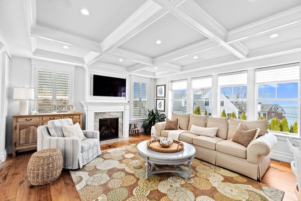 Fireplace, Interior, Living room, Recessed Lighting, Water, Wood Texture Flooring