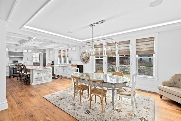 Dining room, Interior, Kitchen, Pendant Lights, Recessed Lighting, Wood Texture Flooring