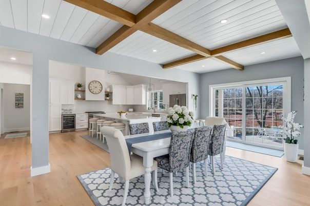 Dining room, Interior, Kitchen, Recessed Lighting, Stainless Steel Appliances, Wooden Beams, Wood Texture Flooring
