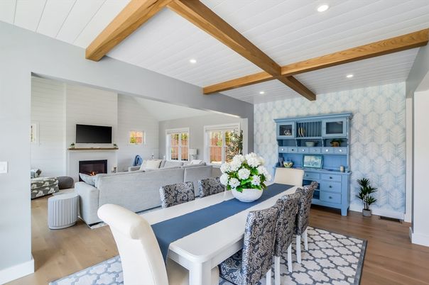 Dining room, Fireplace, Interior, Living room, Recessed Lighting, Wooden Beams, Wood Texture Flooring