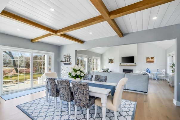 Dining room, Fireplace, Interior, Living room, Recessed Lighting, Wooden Beams, Wood Texture Flooring