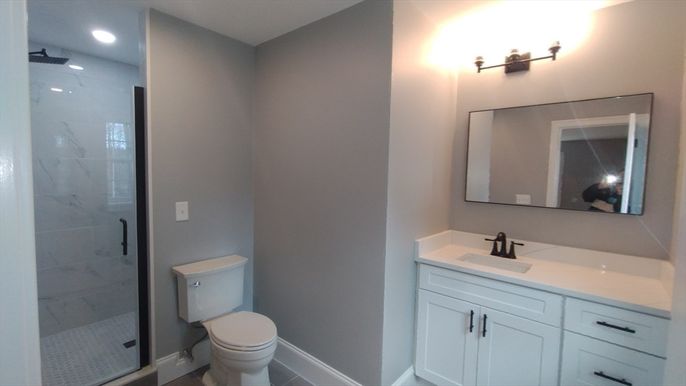 Bathroom, Glass Shower, Interior, Marble Walls, Recessed Lighting