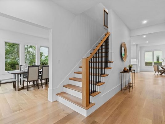 Interior, Kitchen, Marble Walls, Pendant Lights, Recessed Lighting, Stainless Steel Appliances, Wood Texture Flooring