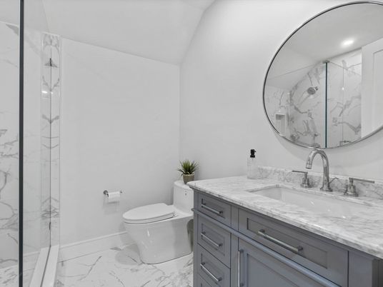 Bathroom, Glass Shower, Interior, Marble, Marble Walls, Recessed Lighting