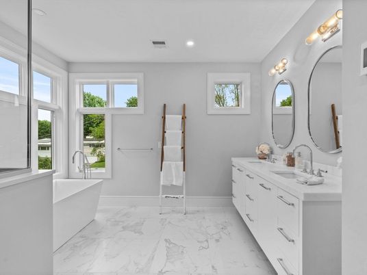 Bathroom, Dual Sink Vanities, Free Standing Baths, Interior, Marble, Recessed Lighting