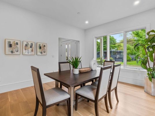 Dining room, Fireplace, Interior, Living room, Recessed Lighting, Wood Texture Flooring