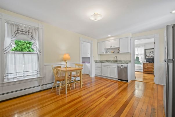 Dining room, Interior, Kitchen, Recessed Lighting, Stainless Steel Appliances, Wood Texture Flooring