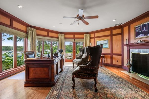 Fireplace, Home Office, Interior, Recessed Lighting, Wood Texture Flooring