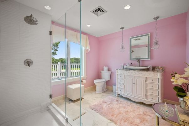 Bathroom, Glass Shower, Interior, Marble, Pendant Lights, Recessed Lighting