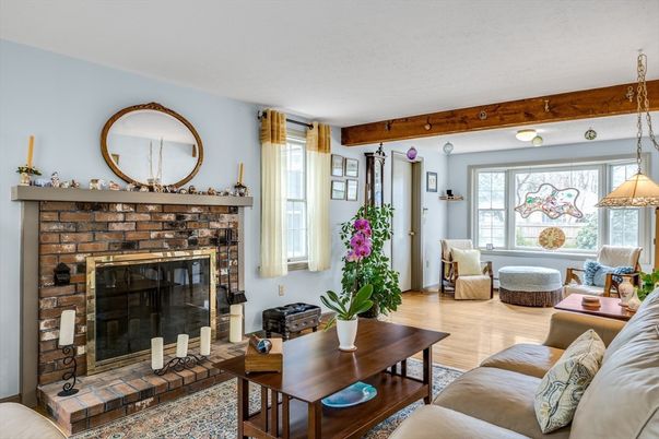 Fireplace, Interior, Living room, Pendant Lights, Wooden Beams, Wood Texture Flooring