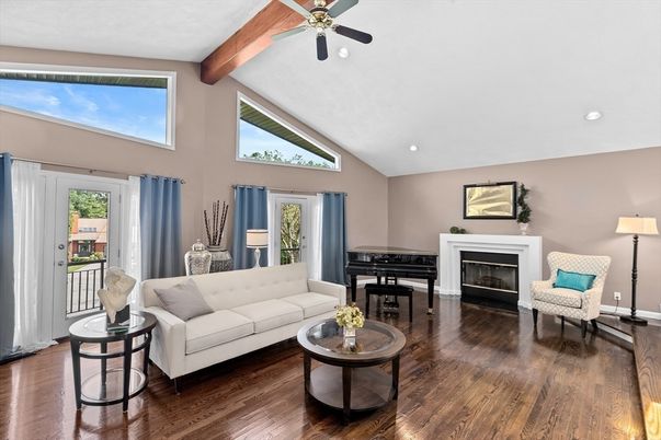 Fireplace, Interior, Living room, Piano, Recessed Lighting, Wooden Beams, Wood Texture Flooring