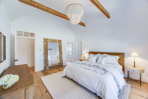 Bedroom, Chandelier, Interior, Pendant Lights, Wooden Beams, Wood Texture Flooring