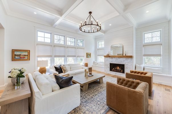 Chandelier, Fireplace, Interior, Living room, Recessed Lighting, Wood Texture Flooring