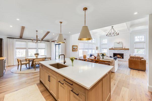 Chandelier, Dining room, Fireplace, Interior, Kitchen, Living room, Pendant Lights, Recessed Lighting, Wooden Beams, Wood Texture Flooring