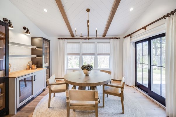 Dining room, Interior, Pendant Lights, Recessed Lighting, Wooden Beams, Wood Texture Flooring