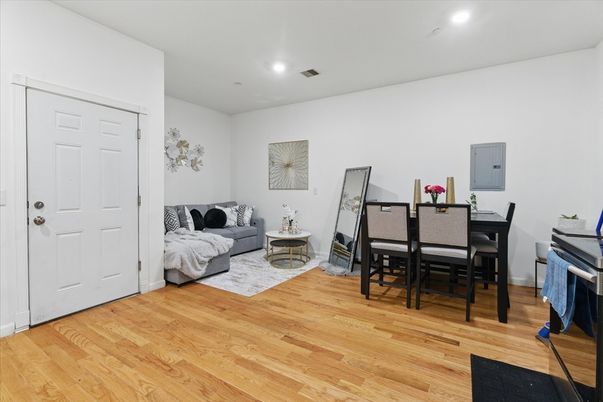 Dining room, Interior, Recessed Lighting, Wood Texture Flooring