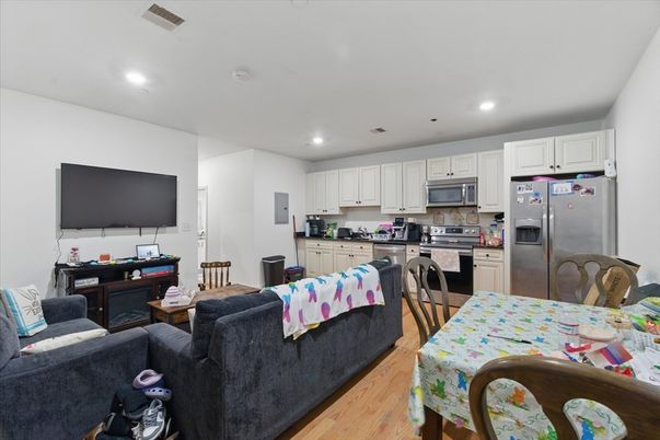 Interior, Kitchen, Living room, Recessed Lighting, Stainless Steel Appliances, Wood Texture Flooring