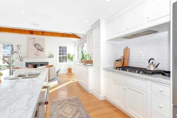 Fireplace, Interior, Kitchen, Recessed Lighting, Stainless Steel Appliances, Wooden Beams, Wood Texture Flooring