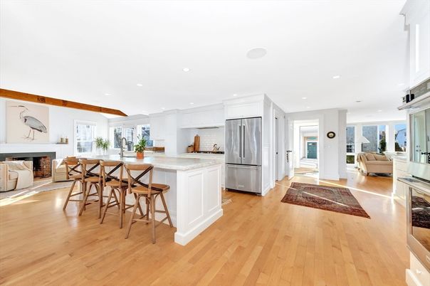 Fireplace, Interior, Kitchen, Living room, Recessed Lighting, Stainless Steel Appliances, Wood Texture Flooring