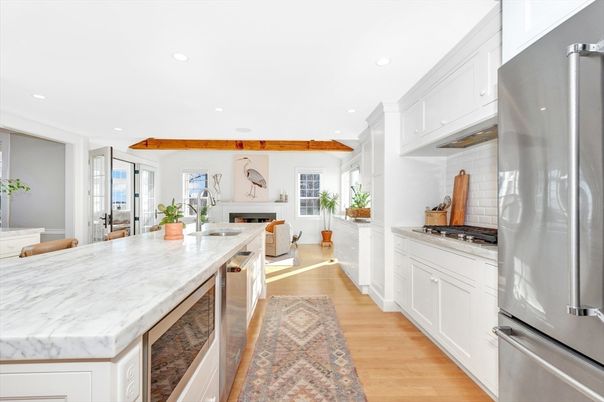 Fireplace, Interior, Kitchen, Recessed Lighting, Stainless Steel Appliances, Wooden Beams, Wood Texture Flooring