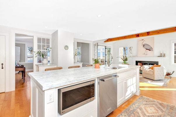 Fireplace, Interior, Kitchen, Living room, Recessed Lighting, Stainless Steel Appliances, Wooden Beams, Wood Texture Flooring