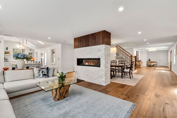 Dining room, Fireplace, Interior, Living room, Pendant Lights, Recessed Lighting, Wood Texture Flooring