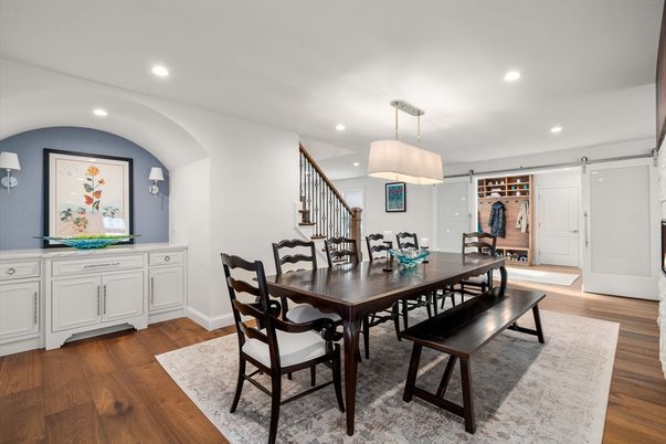 Dining room, Interior, Pendant Lights, Recessed Lighting, Wood Texture Flooring