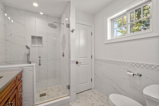 Bathroom, Glass Shower, Interior, Marble Walls, Recessed Lighting