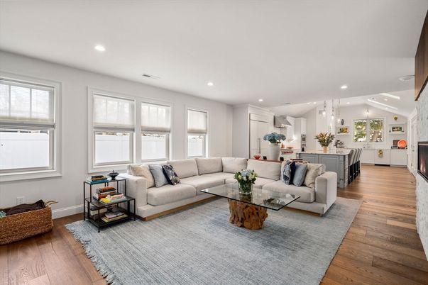 Dining room, Fireplace, Interior, Kitchen, Living room, Pendant Lights, Recessed Lighting, Wood Texture Flooring