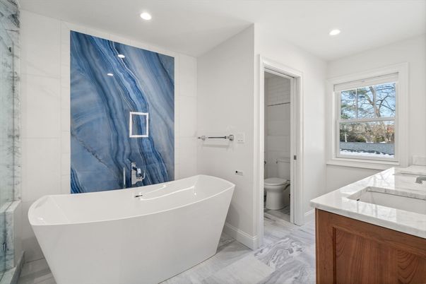 Bathroom, Dual Sink Vanities, Free Standing Baths, Interior, Marble, Marble Walls, Recessed Lighting