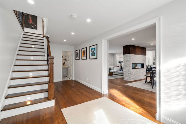 Fireplace, Interior, Living room, Recessed Lighting, Wood Texture Flooring