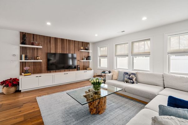 Interior, Living room, Recessed Lighting, Wood Texture Flooring, Wooden Walls