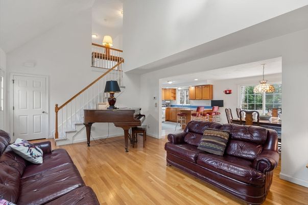 Dining room, Interior, Kitchen, Living room, Pendant Lights, Piano, Wood Texture Flooring