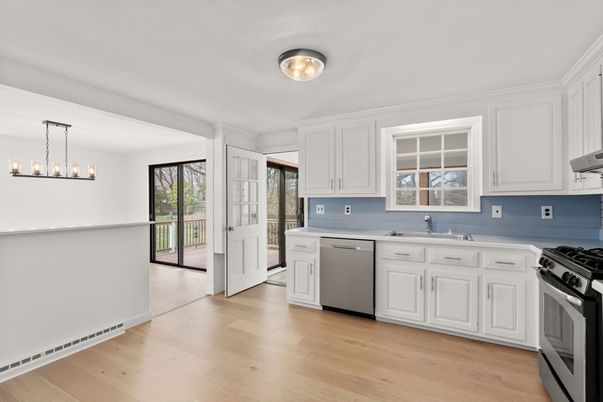 Interior, Kitchen, Pendant Lights, Stainless Steel Appliances, Wood Texture Flooring