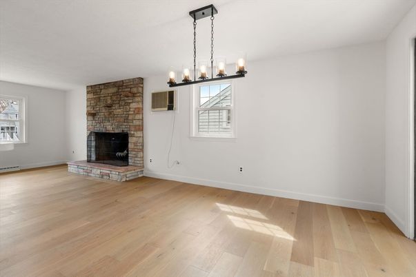 Empty room, Fireplace, Interior, Pendant Lights, Wood Texture Flooring