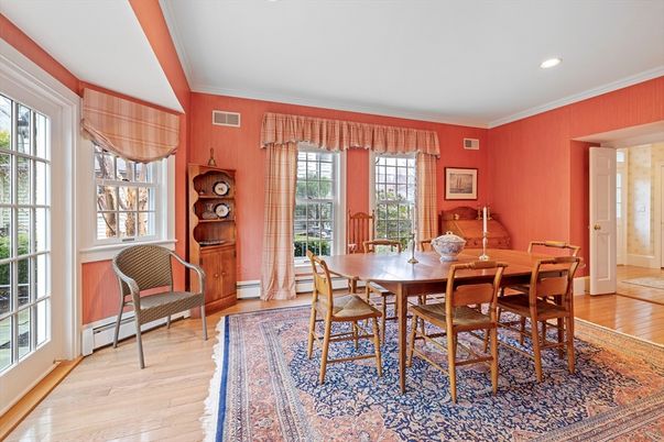 Dining room, Interior, Recessed Lighting, Wood Texture Flooring