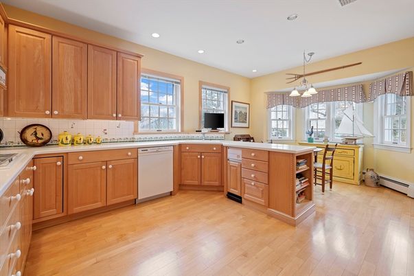 Interior, Kitchen, Recessed Lighting, Tile Countertops, Wood Texture Flooring