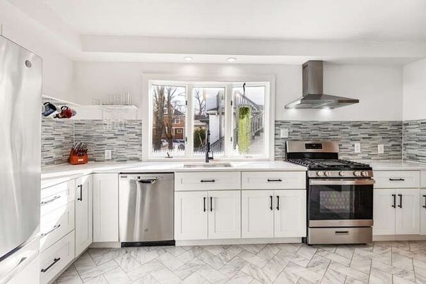 Interior, Kitchen, Marble, Recessed Lighting, Stainless Steel Appliances