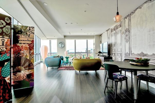 Dining room, Interior, Living room, Pendant Lights, Recessed Lighting, Wood Texture Flooring