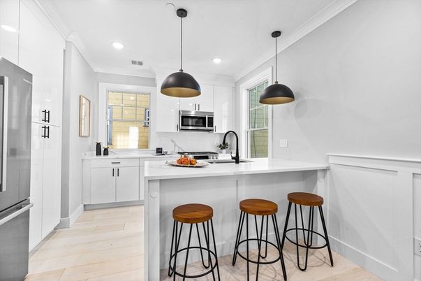 Interior, Kitchen, Pendant Lights, Recessed Lighting, Stainless Steel Appliances, Wood Texture Flooring