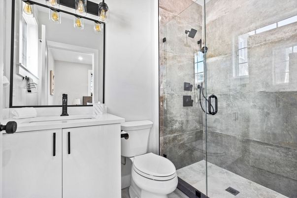 Bathroom, Glass Shower, Interior, Marble Walls, Recessed Lighting